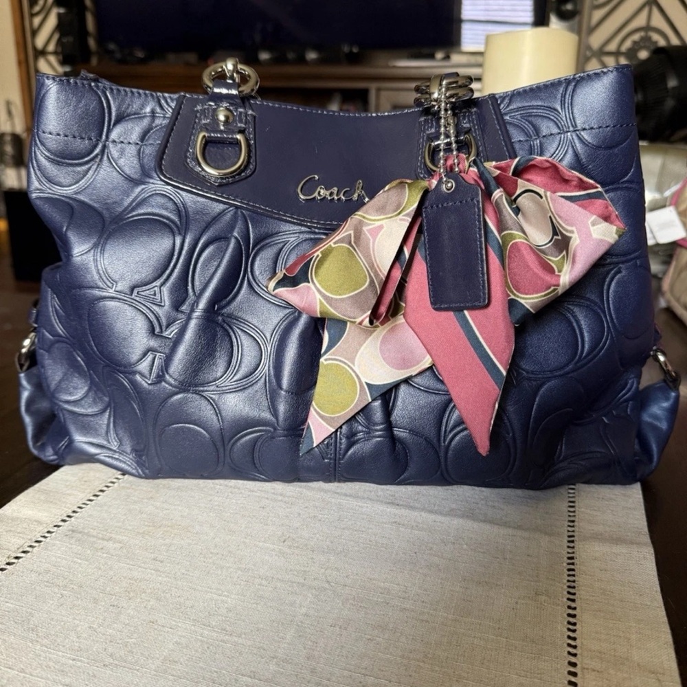 Coach Embossed Leather Shoulder Bag with Scarf Accent